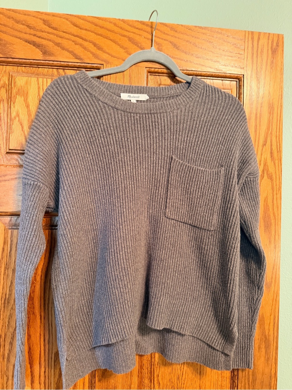 Madewell Women's Ribbed Crewneck Sweater in Gray with Chest Pocket